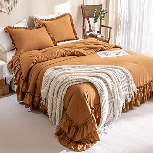 Masaca Ruffled Comforter Set Queen, Farmhouse Boho Chic Linen Feel Bedding
