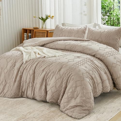 Andency Queen Boho Tufted Comforter Set, Khaki (90x90In Comforter & 2 Pillowcases)