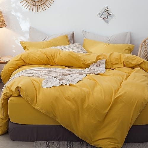 MooMee Bedding Duvet Cover Set in Brown, Queen Size 100% Washed Cotton Linen Like Textured Breathable and Durable Soft Comfy