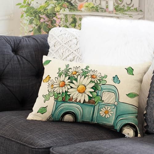 Blue Truck Spring Daisy Flower Eucalyptus Rectangular Throw Pillow Cover