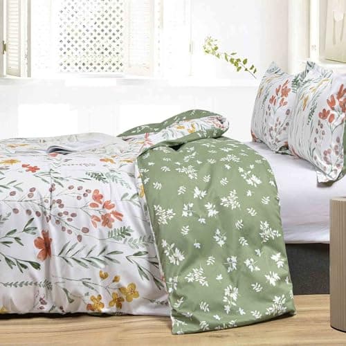 Queen Size White Yellow Floral Comforter Set - Green Leaf Print Reversible Down Alternative Bedding - 90x90 Vintage Farm