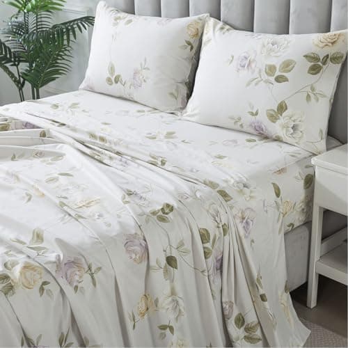 Queen Percale Cotton Sheets Set, Luxury Vintage Roses Floral, Deep Pocket Fitted, Super Soft & Breathable, 4pcs