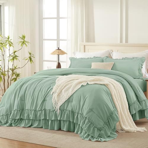 White Shabby Chic Queen Comforter Set with Microfiber Ruffles & Pillowcases