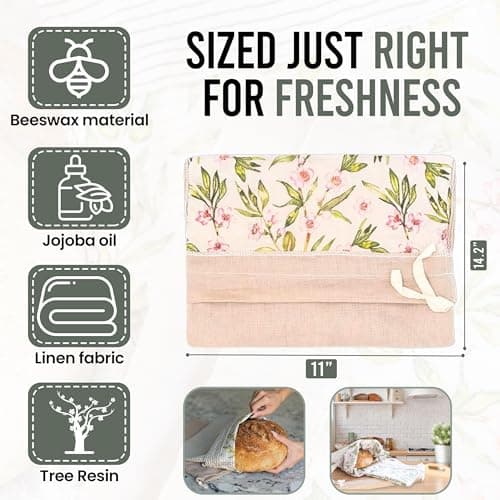 Premium Linen & Beeswax Bread Bags, 2 Pack - Reusable Sourdough & Homemade Storage - Olive Leaf/Almond Branch