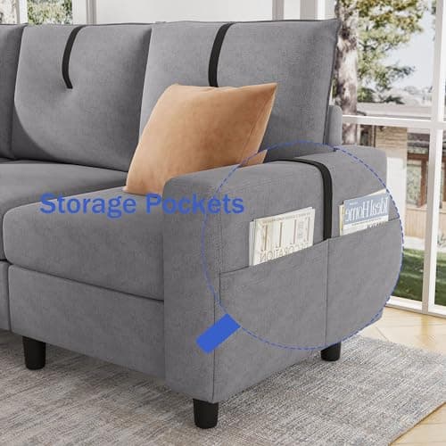 Modern 3-Seat L Shaped Sectional Sofa with Reversible Ottoman, Light Grey Linen Fabric