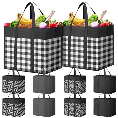 WISELIFE Eco-Friendly Large Foldable Grocery Bags 10 Pack Grey & Black