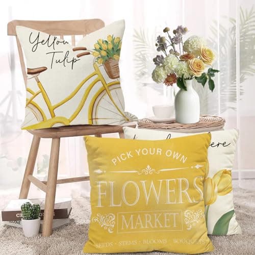 Spring Flowers Tulip Pillow Covers, 18x18 Inch, Set of 4 for Sofa Cushions