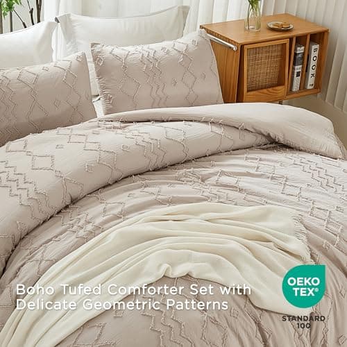 Andency Queen Boho Tufted Comforter Set, Khaki (90x90In Comforter & 2 Pillowcases)