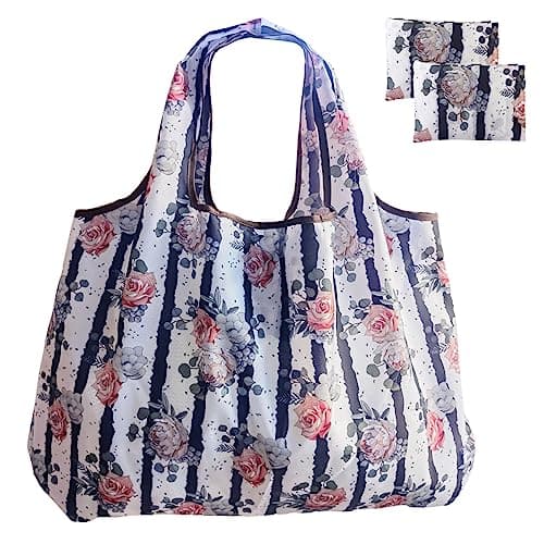 Foldable Reusable Grocery Bags with Long Handles and Fold-Up Pouch