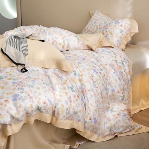 VM VOGUEMARKET Gold Green Flower Percale cotton Duvet Cover with Zipper Closure