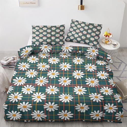 Oversized Queen Wildflower Duvet Cover & Shams, Green Quilt Set with Zipper