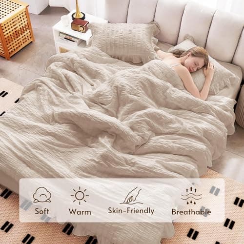 JOLLYVOGUE Beige Queen Seersucker Comforter Set with Ruffles