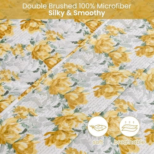 Soft Microfiber Floral Sheet Set - Yellow & Green Flowers, 4-Piece Summer Cooling Bedding