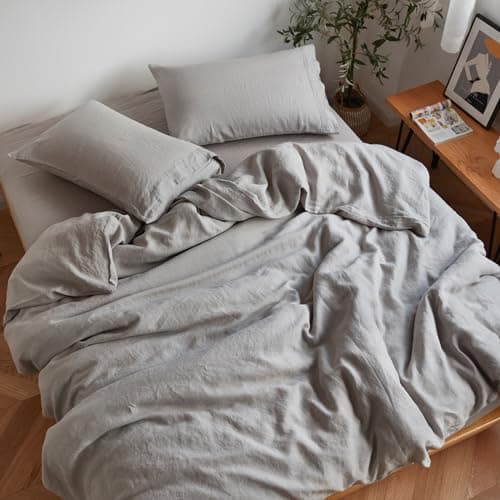 GOTS Certified Sijo Stone Washed Organic French Linen Bed Sheet Set, Dove, Queen