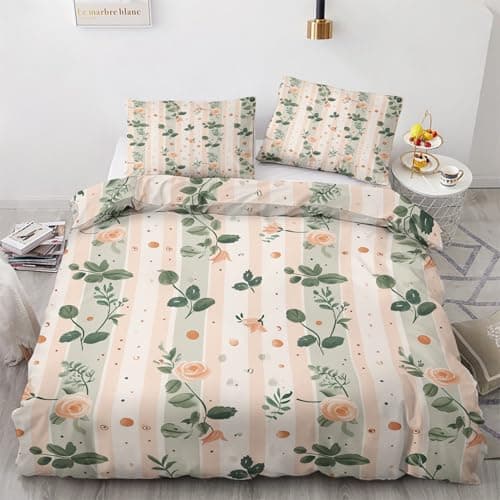 Oversized Queen Wildflower Duvet Cover & Shams, Green Quilt Set with Zipper