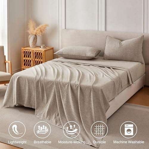 King Size Stonewashed Linen Cotton Sheets, Beige - Breathable & Soft, Slub Texture, All-Season Comfort, 4-Piece Set