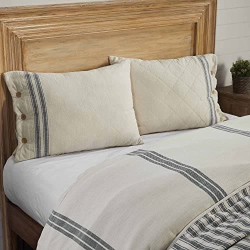 Piper Classics Gray Quilted King Pillow Sham, Cream & Grain Sack Stripe Details