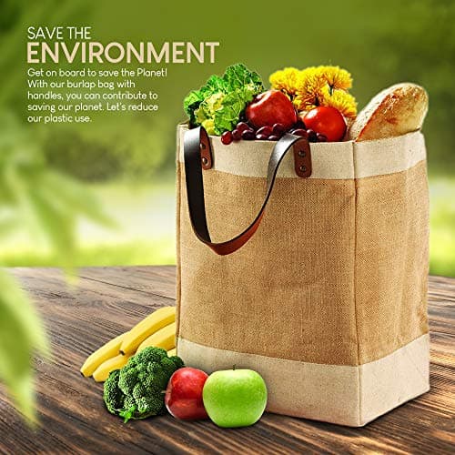 Jute French Market Tote Grocery Bag with Faux Leather Handles