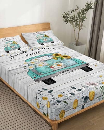 King Size Vintage Flower Daisies Bed Sheets Set, Deep Pockets, Soft & Breathable