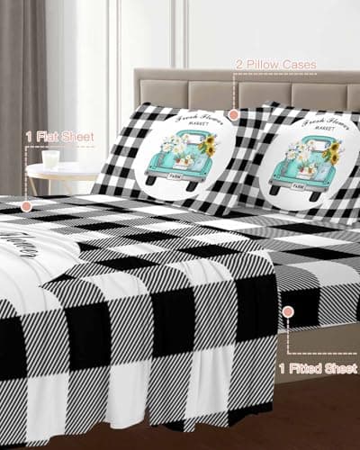 Buffalo Plaid Flower Daisies California King Sheet Set