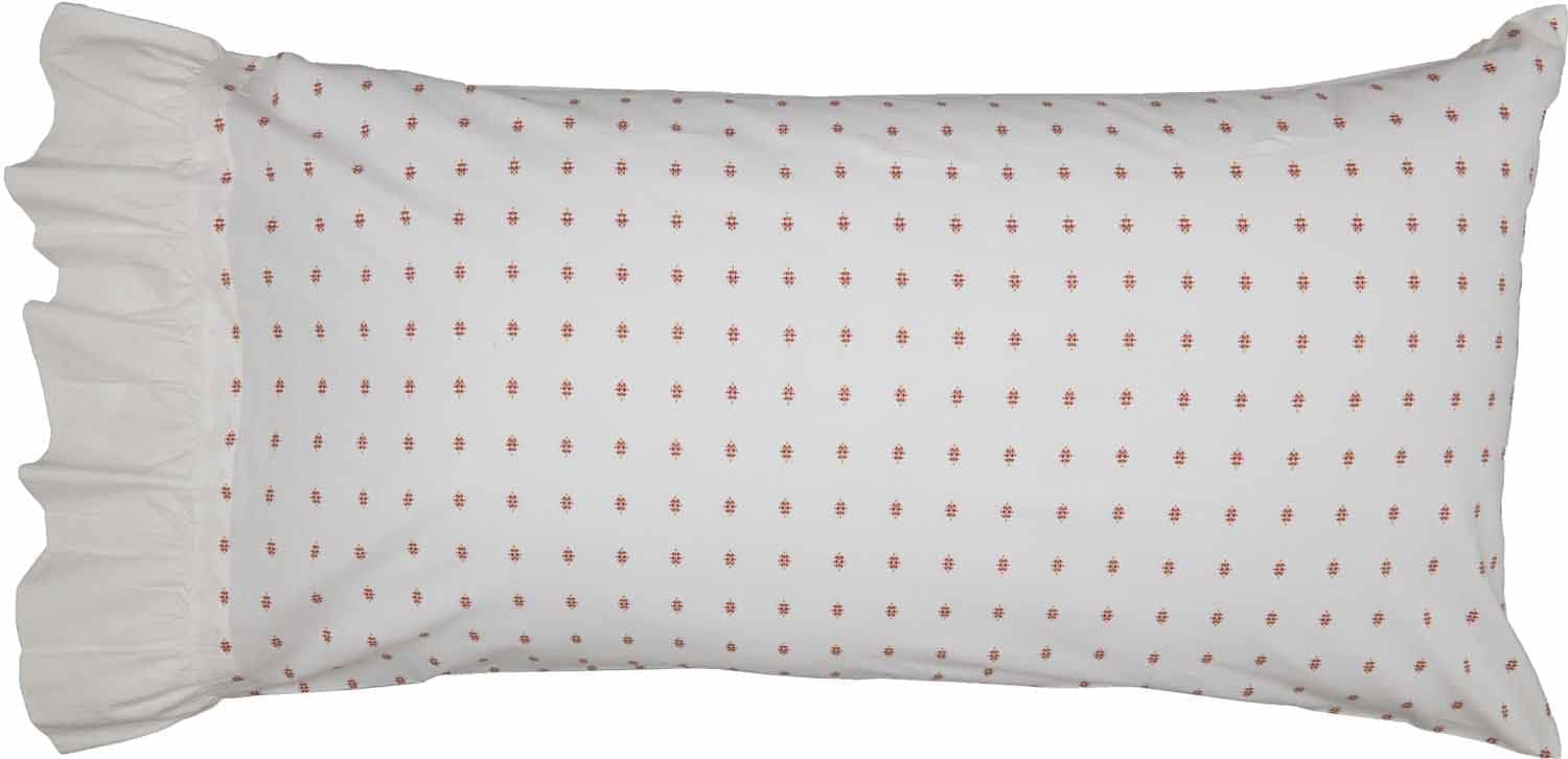 Piper Classics Abigail Ruffled King Pillowcase Set, Soft White with Red Mini Print