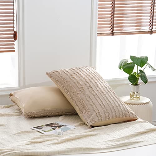 Cotton Tufted Pillowcases Set of 2 Linen Striped Jacquard Beige Standard Cover Pack