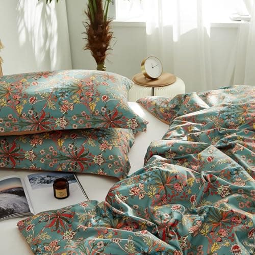 Ikawaapurry Queen Size Farmhouse Boho Comforter Set with Flowers Plants 3 Pcs Comforter 2 Pillow Shams