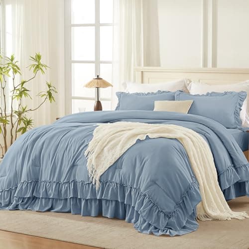 White Shabby Chic Queen Comforter Set with Microfiber Ruffles & Pillowcases