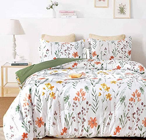 Queen Size White Yellow Floral Comforter Set - Green Leaf Print Reversible Down Alternative Bedding - 90x90 Vintage Farm