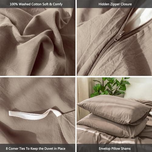 MooMee Bedding Duvet Cover Set in Brown, Queen Size 100% Washed Cotton Linen Like Textured Breathable and Durable Soft Comfy