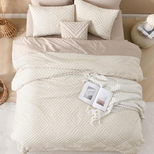 Andency Queen Comforter Set Beige, 3 Pieces Tufted Farmhouse Bedding