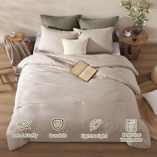Boho Queen Comforter Set Beige, 3-Piece Modern Farmhouse Bedding Light & Fluffy