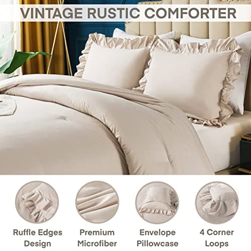 Andency Khaki Queen Comforter Set, 3 Pieces Shabby Chic Bedding