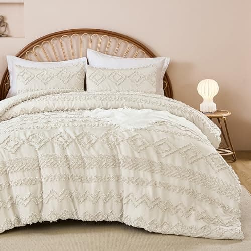 Andency Boho Beige Comforter Queen Set, Fluffy Warm Farmhouse Bedding