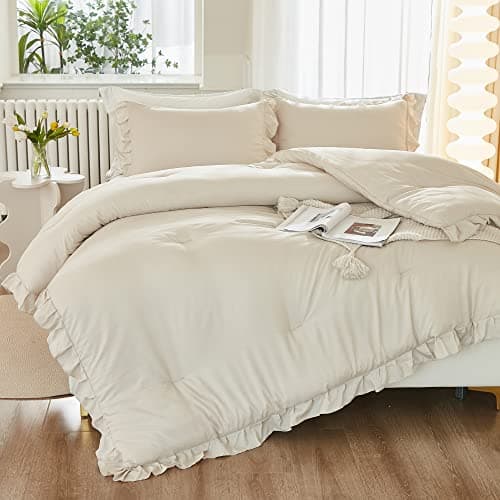 Litanika Queen Beige Ruffle Comforter Set, 3 Pieces, Fluffy Bedding