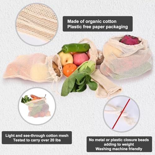 Reusable 12-Pack Cotton Mesh Produce Bags - Vegetable Storage, Farmers Market, Beach Bags, 4X Small, Medium, Large