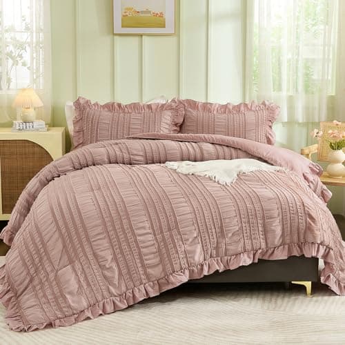 WONGS BEDDING Queen Shabby Chic Comforter Set 3 Pieces Ruffle SeersuckerTextures