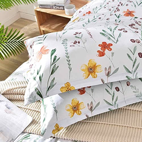 Queen Size White Yellow Floral Comforter Set - Green Leaf Print Reversible Down Alternative Bedding - 90x90 Vintage Farm