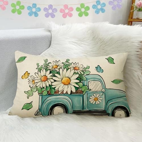 Blue Truck Spring Daisy Flower Eucalyptus Rectangular Throw Pillow Cover
