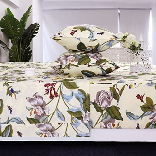 Queen Percale Cotton Sheets Set, Luxury Vintage Roses Floral, Deep Pocket Fitted, Super Soft & Breathable, 4pcs