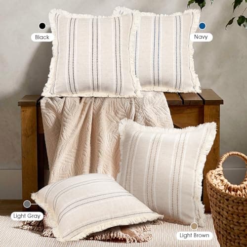 Set of 2 Farmhouse Linen Throw Pillow Covers with Fringe, Boho Textured, Beige with White & Brown Stitch Yarn Dyed Stripe - Cover ONLY