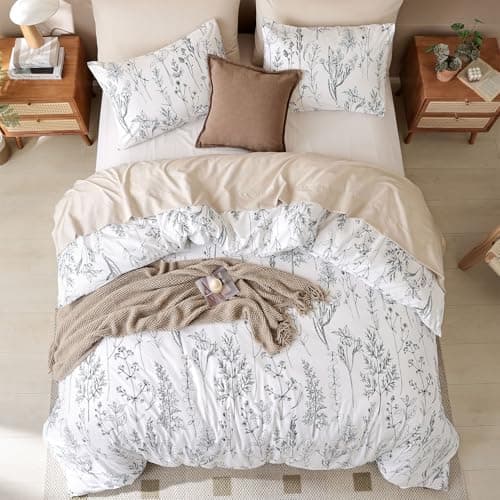 JANZAA Queen Oatmeal Floral Comforter Set with 2 Pillow Shams