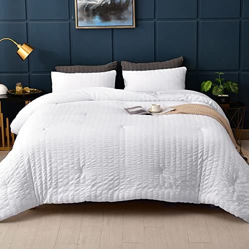 Beige Seersucker Queen Comforter Set - 3 Pieces, 100% Washed Microfiber, Lightweight Comforter with 2 Pillowcases
