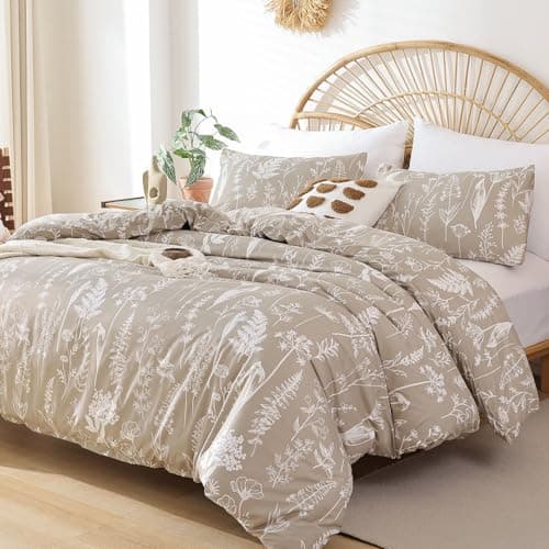 JANZAA Queen Oatmeal Floral Comforter Set with 2 Pillow Shams