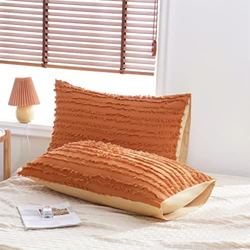 Cotton Tufted Pillowcases Set of 2 Linen Striped Jacquard Beige Standard Cover Pack