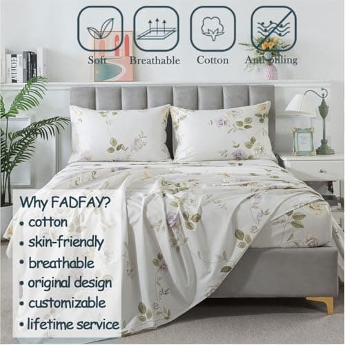 Queen Percale Cotton Sheets Set, Luxury Vintage Roses Floral, Deep Pocket Fitted, Super Soft & Breathable, 4pcs