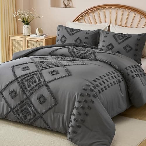 Dinjoy Shabby Chic Cream/Beige Boho Comforter Set Queen 3 Pieces Soft Fluffy