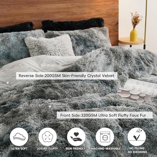 PHF Shaggy Fluffy Faux Fur King Size Duvet Cover Set