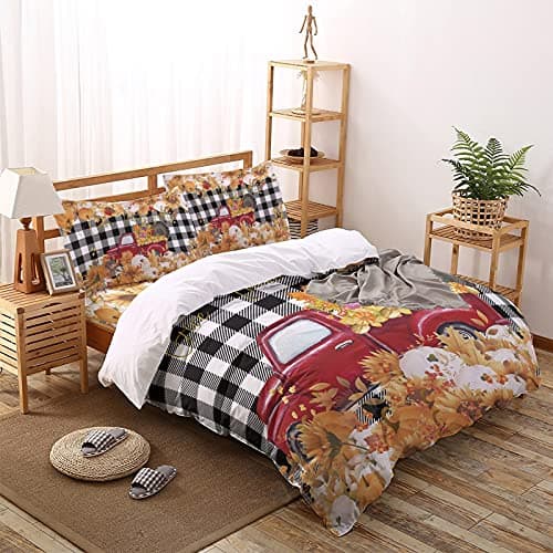 Pumpkin Market Quilted Bedding Set for Kids Full Size Top Sheet Rustic Autumn