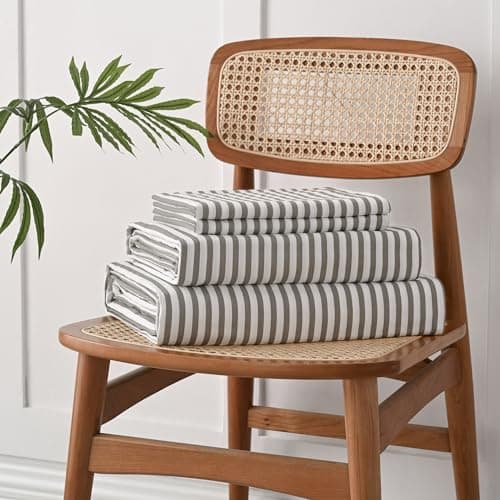 JELLYMONI Queen Size Striped Bed Sheets Set - 4 Pieces, 100% Cotton, Deep Pockets, Ultra-Soft